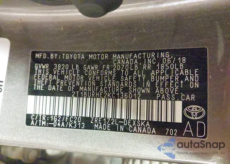 2019 Toyota Corolla Se z USA, uszkodzony, nr VIN 2T1BURHE2KC136012